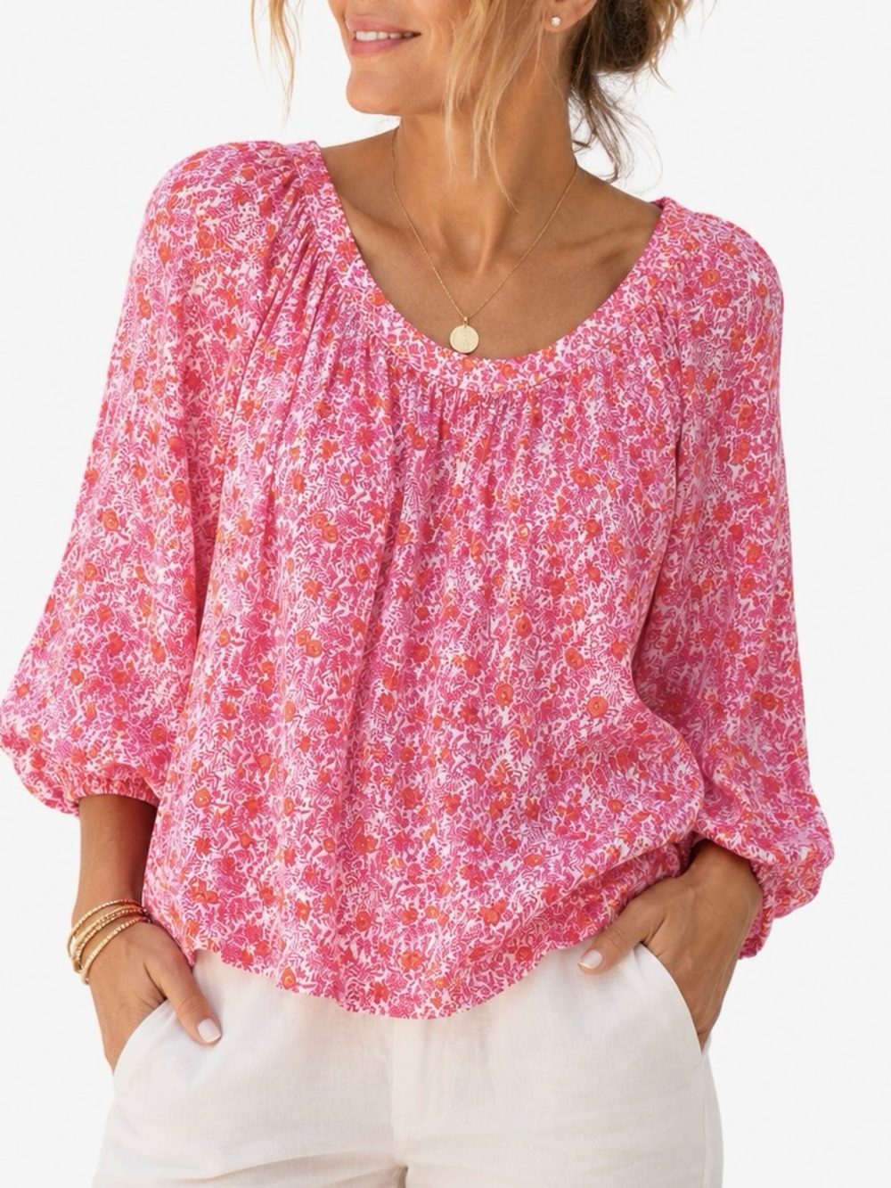 J.Crew Pink Floral Peasant Blouse Size Small 100% Cotton Puff Sleeve Top